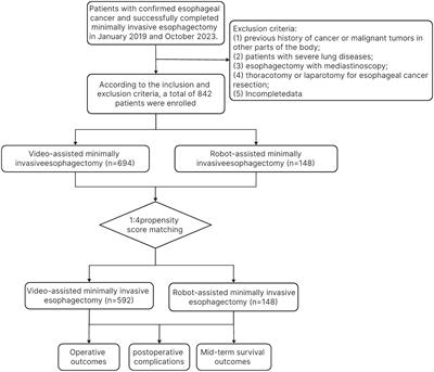 Perioperative and mid-term outcomes of robotic-assisted versus video-assisted minimally invasive esophagectomy for esophageal cancer: a retrospective propensity-matched analysis of 842 patients